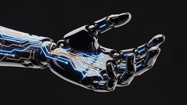 Luxurious high end 3D render of glossy black bionic hand with glowing blue circuitry on dark background