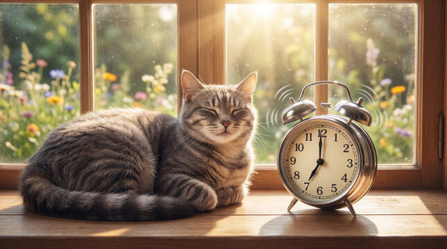 A cute tabby cat resting beside a classic vintage alarm clock on a sunny windowsill.