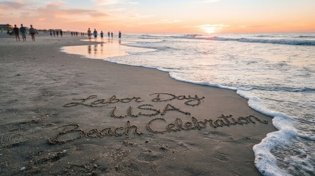 Labor day usa beach celebration people walking on shoreline at sunset holiday concept