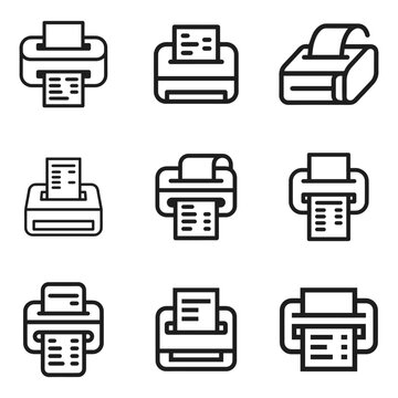 Collection of nine simple line icons showing office printers and document scanners for business and administrative tasks.