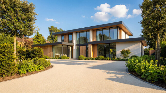 Modern luxury twostory house with large glass windows and landscaped front garden.