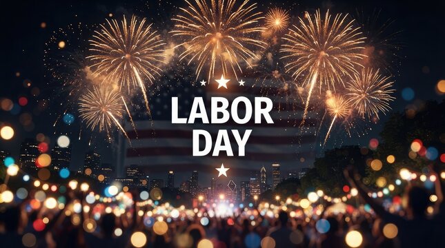 Labor day celebration festive fireworks display over city skyline with crowd american flag colors