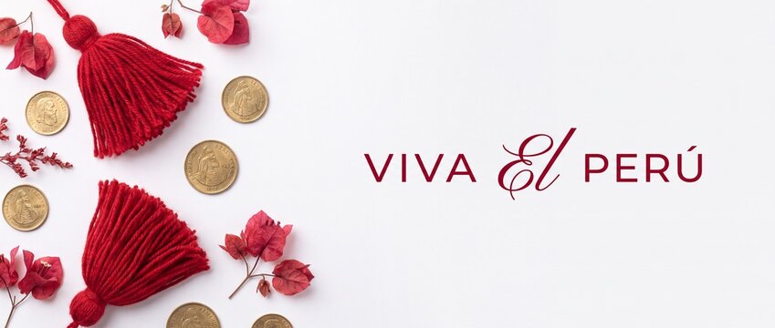 Peru independence day celebration banner featuring red tassels, gold coins, and bougainvillea flowers on a clean white background, ideal for Fiestas Patrias promotion and Peruvian national holiday.