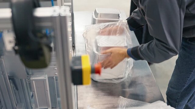 Male factory worker in gray uniform packaging stack of aluminum trays into transparent plastic bag on metal table. Close up of hands performing product wrapping process.