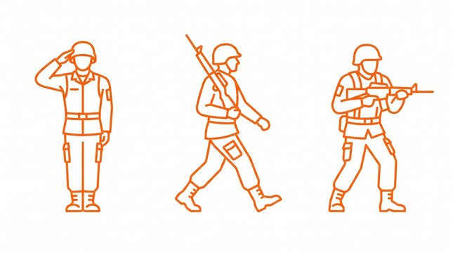 Soldier Standing Military Helmet Orange Outline Line Editable Stroke Vector Icon