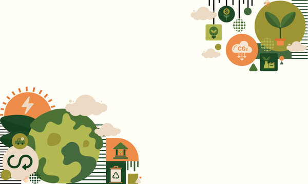 World environment and sustainable development concept with ecology icons template vector flat design, eco friendly and green technology. ESG for business and organization. Net zero and carbon neutral