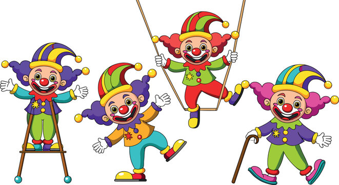 Cute cartoon clowns vector character set performing circus tricks with stilts swing and cane isolated on white background for kids design
