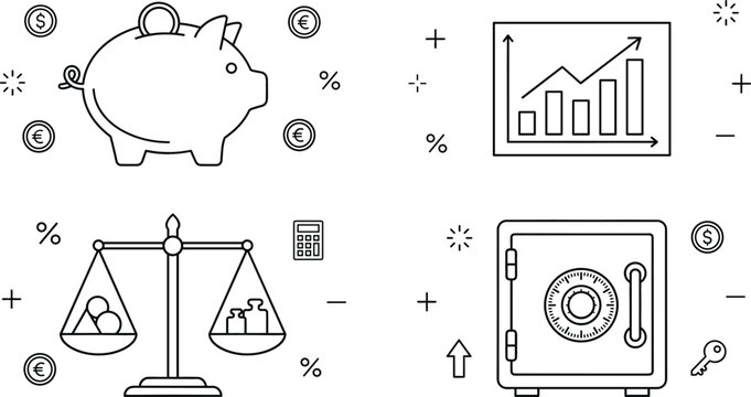 Finance and banking vector icons set with piggy bank money growth chart balance scale safe box deposit symbols