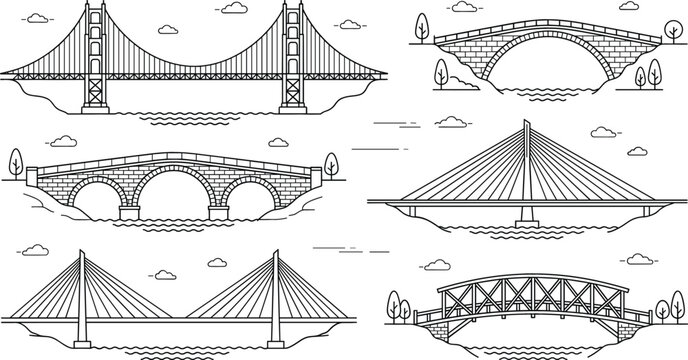 Famous bridge types vector icons set with suspension cable stayed stone arch truss construction architectural engineering river elements