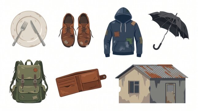 These objects illustrate the struggles of homelessness and extreme financial hardship