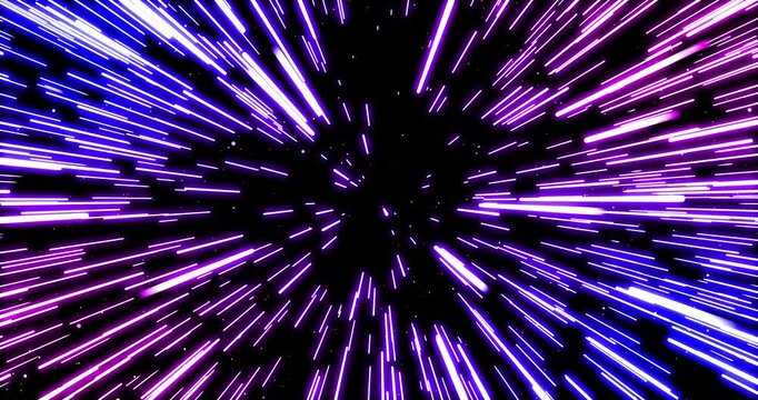 Vibrant blue and purple light streaks radiate from a glowing center, forming a dynamic hyperspace warp speed tunnel effect.