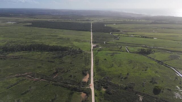Aerial drone shot pushing in along the long Fisherman's Trail, part of the Rota Vicentina, through lush green landscapes towards the ocean coast in Portugal.