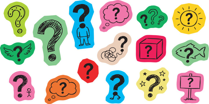 Collection of diverse question marks in various shapes, colors, and styles, representing curiosity and inquiry.