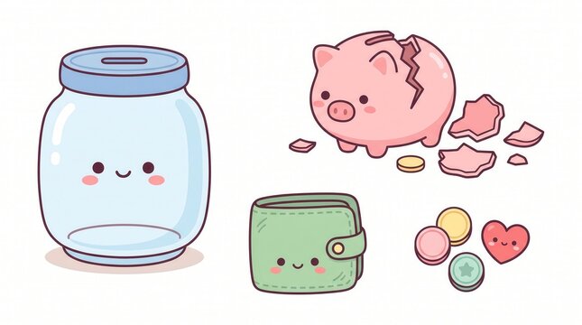 Kawaii jar, broken bank, green wallet, colorful coins: money & finance