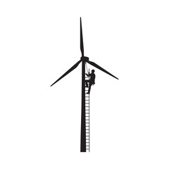 Wind turbine silhouette with climbing worker on white background © Mohasana
