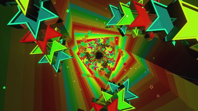 Seamless VJ loop with glowing neon stars spiral tunnel and psychedelic motion for high-tech club visuals, electronic music festivals, stage screens and for LED video walls