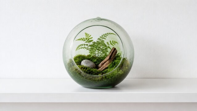 A serene miniature garden in a glass terrarium on a white shelf with ferns and moss