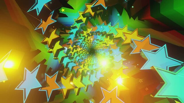Seamless VJ loop with glowing neon stars spiral tunnel and psychedelic motion for high-tech club visuals, electronic music festivals, stage screens and for LED video walls