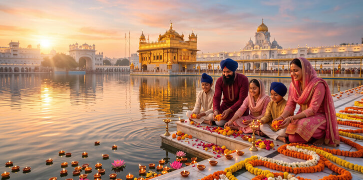 A sikh family sits by the holy water at the golden temple in amritsar, india, during a sunrise prayer ceremony with floating oil lamps and marigold flower garlands on the stone steps