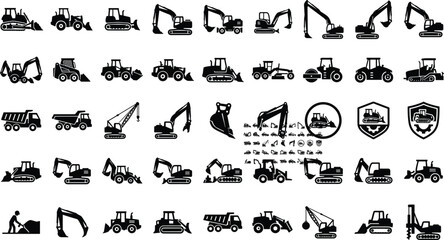 Heavy Construction Machinery and Equipment Icon Set Featuring Excavators Bulldozers Dump Trucks Cranes and Tractors for Industrial Building Project Graphic Designs © Morjina