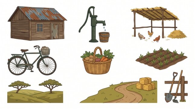 Various farm and rural life elements are illustrated including a cabin, animals, crops, and tools