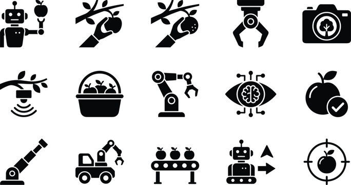 Modern agricultural and robotic icons set for farming technology