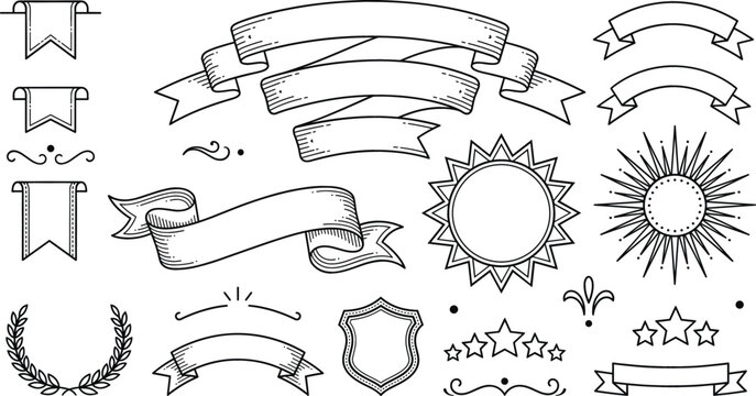 Vintage ribbon banners and badges vector elements set with laurel wreath star burst shield scrolls hand drawn outline