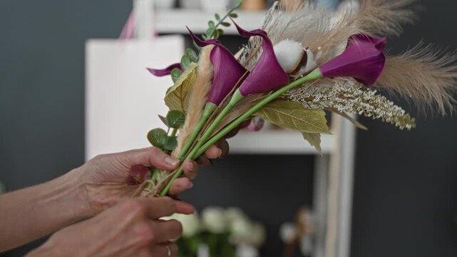 Woman florist hands arrange purple calla bouquet with pampas grass and eucalyptus and tie twine in a studio; calm craft.