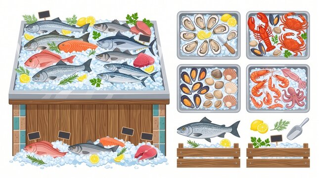 Abundant fresh seafood arrayed on ice in market display cases, ready for purchase