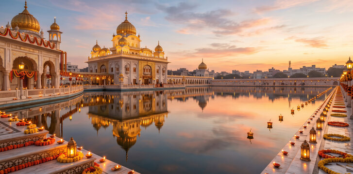 Ornate sikh gurdwara temple with golden domes reflecting in a sacred water pool at sunset, decorated with rows of glowing oil lamps and marigold flower garlands along the marble walkway
