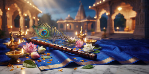 Fototapeta premium Traditional indian flute, peacock feather, and glowing brass oil lamps arranged on a rich blue silk fabric with lotus flowers, set against a blurred hindu temple background, at twilight