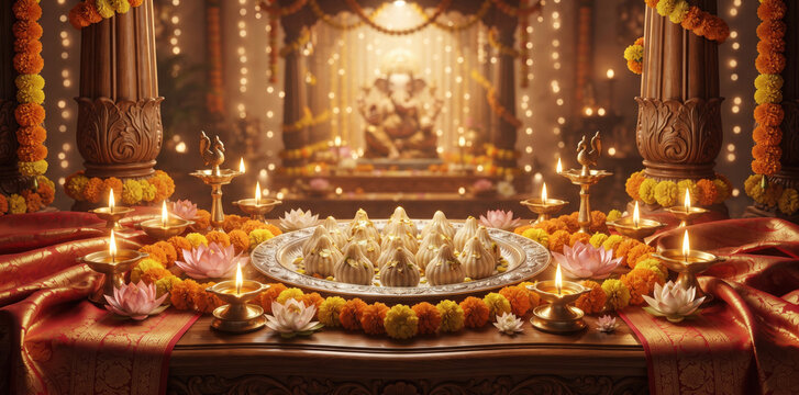 Traditional hindu altar with modak sweets, ganesha statue, marigold garlands, and glowing oil lamps in a warmly lit temple setting