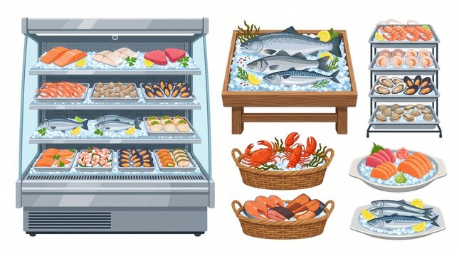 Variety of fresh fish, crabs, lobsters, and shellfish displayed on ice in a seafood market