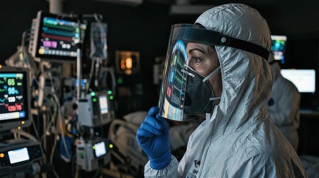 Medical worker wearing protective hazmat suit and face shield in intensive care unit hospital room