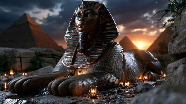 Ancient sphinx statue illuminated by lanterns against a pyramidal background for marketing.