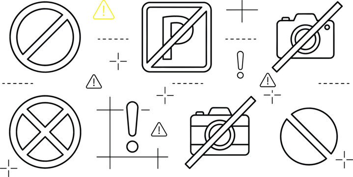 Prohibition and warning road sign icon set with no parking forbidden camera photo restriction symbols linear vector graphics