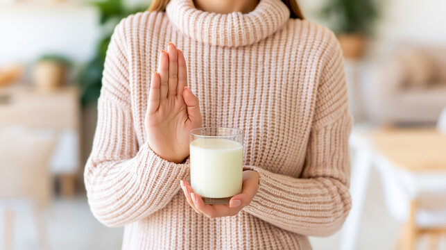 グラスの牛乳を拒否する匿名の手元、乳製品を避ける健康コンセプト
