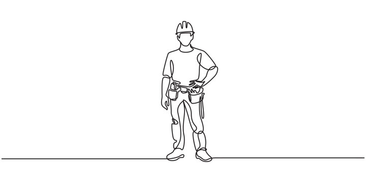 Single continuous line drawing of young construction worker, Engineers man in hard hat, worker with protective headphones on white background continuous one line drawing. full body