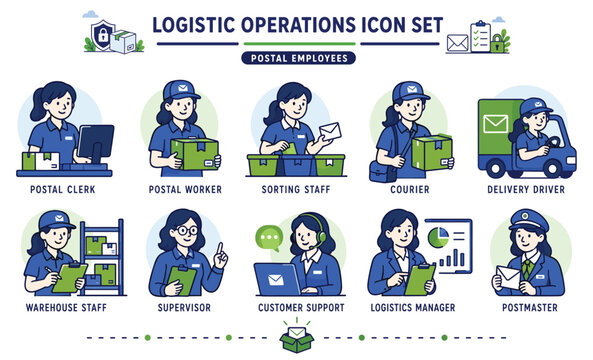 Professional logistic operations icon set featuring postal employees with a clean, clear, and modern dual tone illustration style. Includes postal clerk, postal worker, sorting staff, courier, deliver