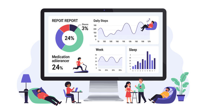 Digital health monitoring dashboard on a large computer screen with people tracking their daily activity and wellness statistics.