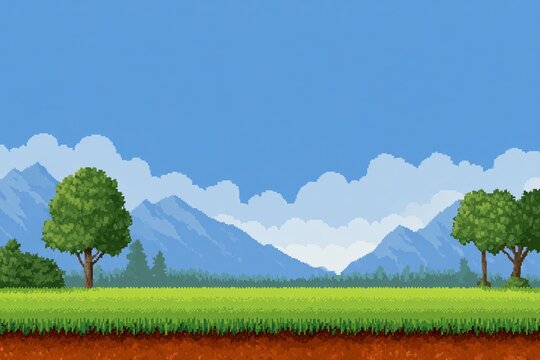 Pixel art scene featuring a side scrolling landscape with lush grassy plains and majestic mountains in the background