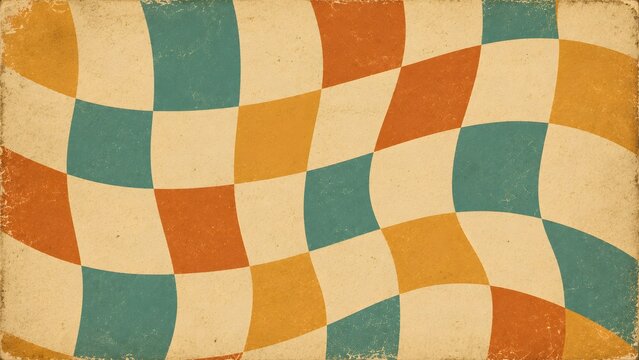 Retro 70s wavy checkered pattern background, vintage groovy distorted checkerboard texture, abstract colorful wavy squares design in orange, teal and yellow
