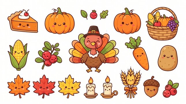 Fall harvest: pilgrim turkey, pie, happy veggies & leaves
