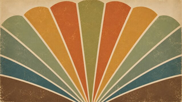 Retro 70s style sunburst fan pattern, vintage aesthetic background with warm earth tones, abstract geometric radial stripes in a semicircle design