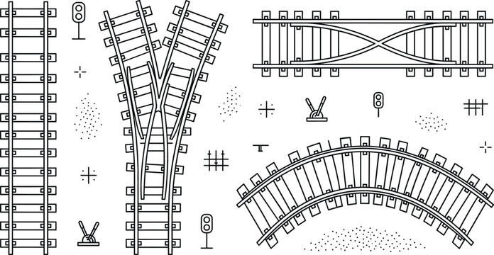 Railway track vector elements set with straight curved and split train railroad tracks line icon illustration on white background
