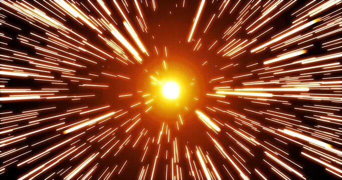 A radiant orange light burst at the center surrounded by streaking warp speed lines, forming a fiery hyperspace tunnel effect.