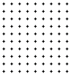 Fototapeta premium A minimalist seamless pattern featuring rows of identical black four-pointed sparkle shapes (diamonds with curved edges) arranged in a neat grid on a plain white background.