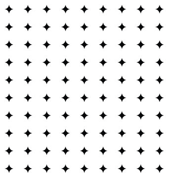 A minimalist seamless pattern featuring rows of identical black four-pointed sparkle shapes (diamonds with curved edges) arranged in a neat grid on a plain white background.