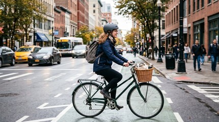 Fototapeta premium Woman cycling on city street with traffic and pedestrians in the background