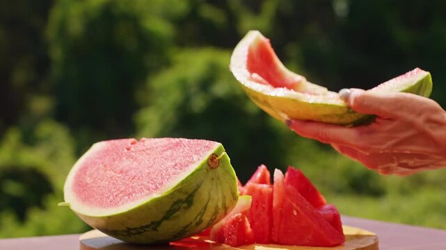 Woman Removing Remaining Watermelon Flesh From the Rind With a Kitchen Knife After Cutting Fresh Pieces Outdoors, Close Up, Zero Waste Food Preparation